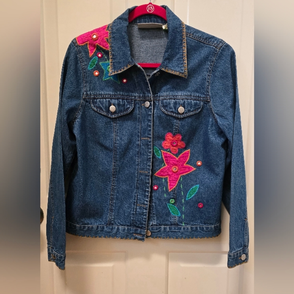 Susan Bristol-Embroidered Denim Jacket - Pink Floral Accents - Size PL